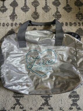 Justice Metallic Silver Tote with Teal Heart Logo